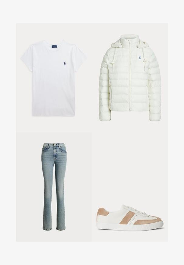 Hvid quiltet hættetrøje med frontlynlås, justerbare snore, sidelommer og lille mørkt logo på brystet.; Hvid t-shirt med korte ærmer og rund hals med lille navyblåt Polo Ralph Lauren-logo på venstre bryst.; Lyseblå denim jeans med en tætsiddende talje, lige ben-design og subtilt falmede områder. Har frontlommer og en klassisk knaplukning.; Hvid lavtop sneaker med beige ruskind detaljer på hæl, sidestribe og tå, med hvide snørebånd og tekstureret gummisål.