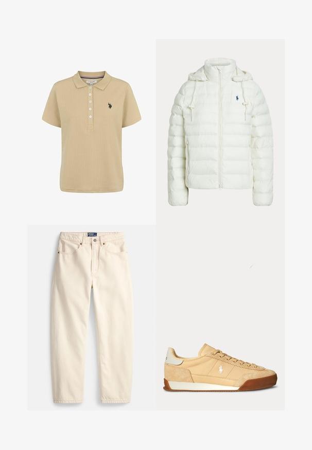 Valge tikandiga kapuutsiga jope esilise tõmblukuga, reguleeritavate paeltega, küljetaskutega ja väikese tumeda logoga rinnal.; Beige ribaga kaelusega polo särk lühikeste varrukatega, viie nupuga nööbiriimed ja musta tikandiga logo vasakul rinnal. Pehme materjali tekstuur.; Kreemikas teksariidest sirge säärega püksid, ees taskud ja peene pealõikega detail. Metallist nööp ja tõmblukuga sulgemine.; Beežid tossud, mis on valmistatud tekstuuriga kangast ja seemisnahast, kummist tallaga ja paeltega; külje peal on väike logo.