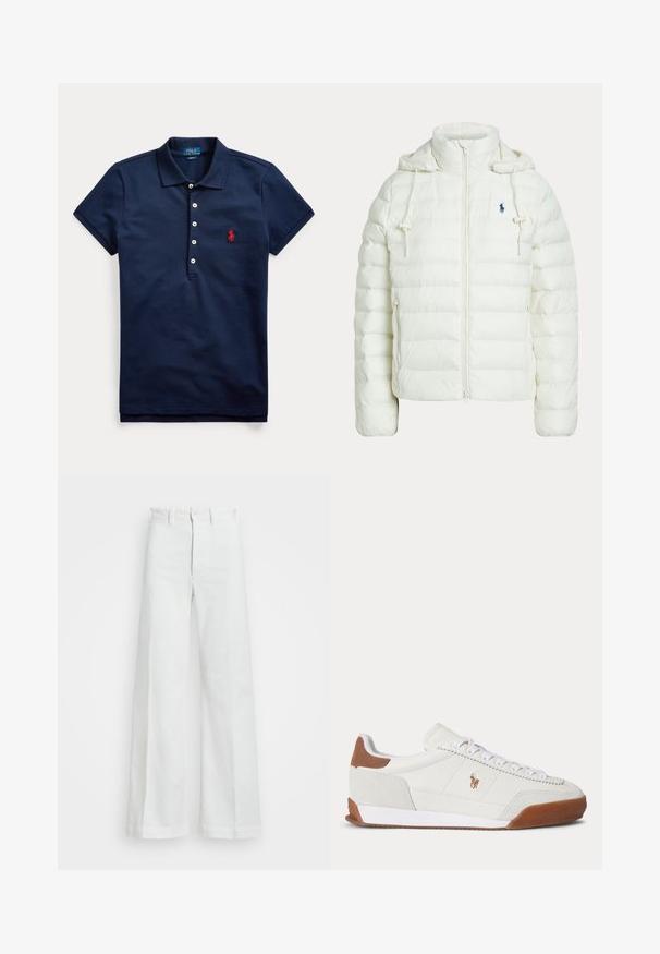 Witte doorgestikte capuchonjas met frontale ritssluiting, verstelbare trekkoorden, zijzakken en klein donker logo op de borst.; Marineblauw poloshirt met korte mouwen, vier witte knopen en een rood geborduurd logo op de borst, kraag naar beneden gevouwen.; Wijd uitlopende witte broek gemaakt van denim, met een hoge taille, knoopsluiting en verborgen ritssluiting. Soepele textuur zonder zichtbare patronen.; Witte lage sneaker met bruine suède accenten bij hiel en neus, witte veters en een klein bruin geborduurd logo aan de zijkant.