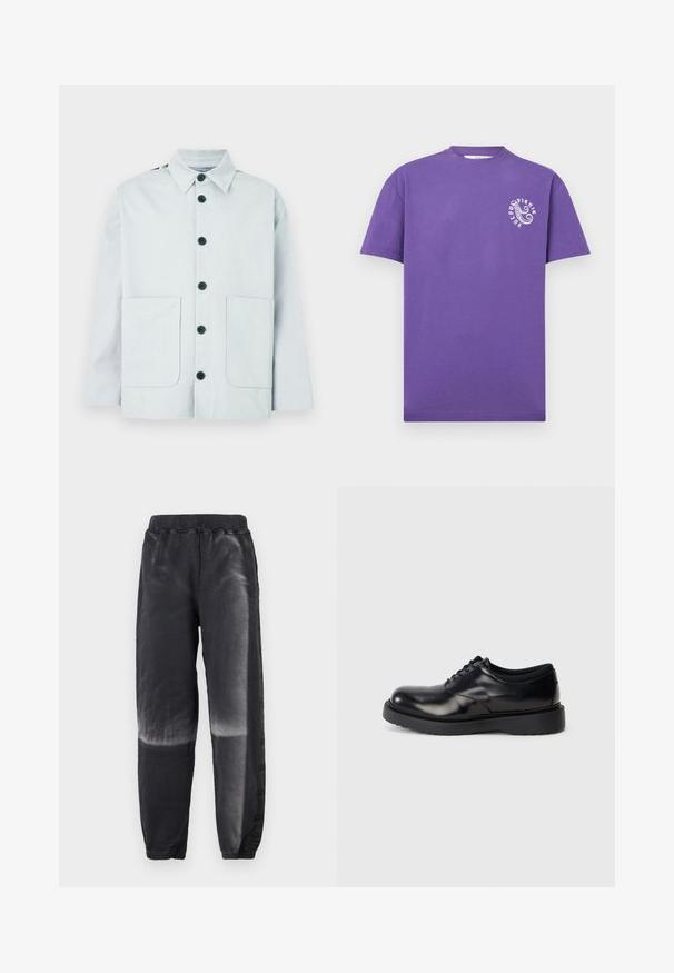 Veste en coton bleu clair avec col pointu, boutons noirs, deux poches avant et légers accents aux épaules. Design simple et fonctionnel.; T-shirt en coton violet à manches courtes avec un petit poulpe blanc et le texte "PULPO PICNIC" imprimés sur le côté gauche de la poitrine.; Jogging en polaire noire avec taille et poignets élastiques, présentant un effet dégradé estompé du milieu de la cuisse à la cheville sur les deux jambes.; Chaussure en cuir noir à lacets avec un bout rond, surface lisse et une semelle en caoutchouc épaisse dotée de légers rainurages pour une meilleure adhérence.