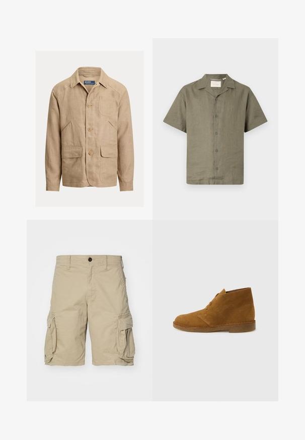 Herre beige linnedjakke med krave, tre knapper foran, en brystlomme og to klaplommer i taljeniveau.; Kortærmet skjorte i olivengrøn hør med en camp-krave og seks matchende knapper foran, der har en afslappet pasform og struktureret stof.; Beige cargo shorts lavet af bomuldsstof, med sidelommer, knaplukning og en lige skæring. Glat tekstur.; Brun ruskinds ørkenstøvle, ankelhøj, med to snørehuller og crepesål på ensartet lysegrå baggrund.