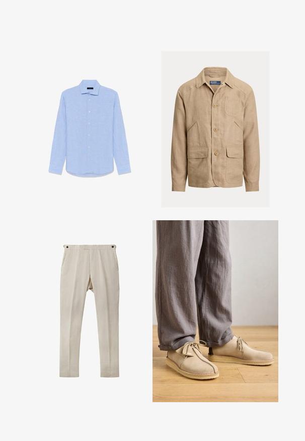 Herre beige linnedjakke med krave, tre knapper foran, en brystlomme og to klaplommer i taljeniveau.; Lyseblå, langærmet skjorte med knapper, spids krave og hvide knapper, lagt fladt ud på en hvid baggrund.; Beige linnedragt med lige snit, der har to sidelommer og sorte knapdetaljer ved taljen. Glat, let tekstur.; Beige ruskindssko med rund tå, snørredetaljer og sømme, parret med løse grå linnedbukser på et trægulv.