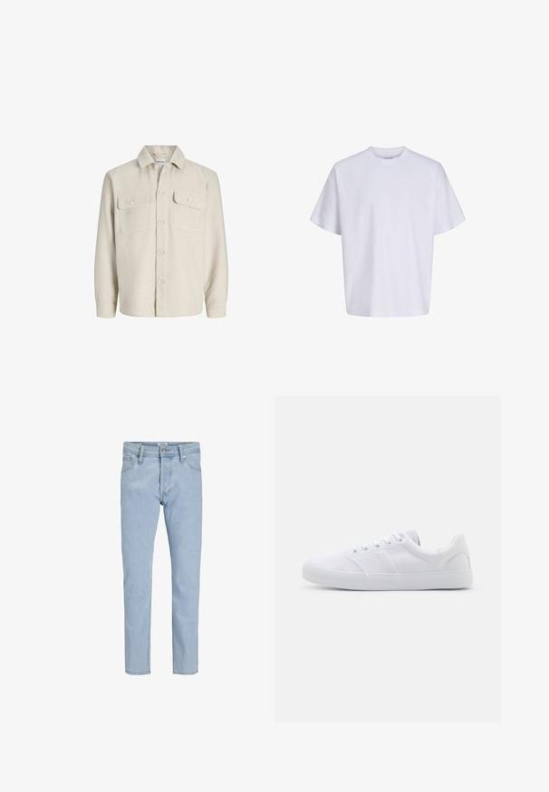 Surchemise beige à manches longues avec cinq boutons devant, deux poches poitrine à rabats et boutons, et un col en pointe.; T-shirt blanc uni oversize à manches courtes, col rond et coupe ample sur fond blanc.; Jean en denim bleu clair avec une coupe droite, présentant un design classique à cinq poches et un léger délavage pour une texture.; Baskets en toile blanches avec une semelle en caoutchouc, dotées de six œillets, d'un embout texturé et d'un design minimaliste.