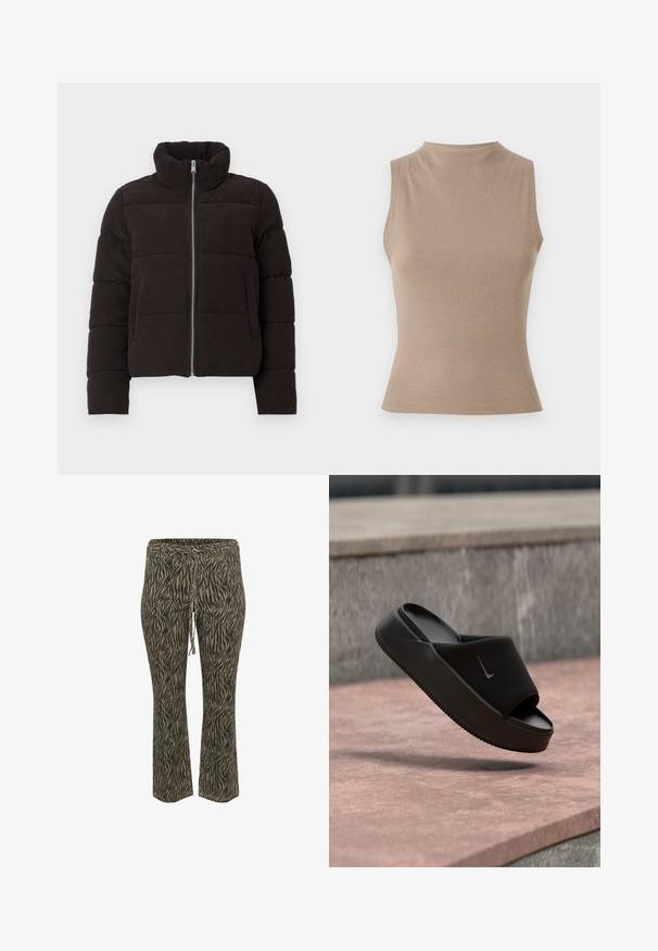 Veste rembourrée en velours côtelé marron foncé avec une fermeture éclair sur le devant, un col montant, des manches longues et des poches latérales, sur fond uni.; Un haut sans manches beige avec un col montant, une texture côtelée et une coupe ajustée. Style minimaliste sans embellissements visibles.; Pantalons à taille élastique avec cordon de serrage, au motif zèbre khaki et beige. Design à taille mi-haute et jambes évasées, texture douce. Conviennent pour un usage décontracté.; Sandale noire à semelle plate avec une large bride supérieure, fabriquée en matériau similaire au caoutchouc lisse. Dispose d'une semelle texturée et d'un logo discret sur la bride.