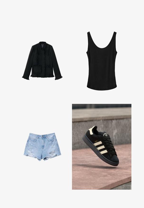 Sort jakke lavet af tekstureret stof, med en frynset design, to frontlommer og en knaplukning, samt krave og frynset kanter.; Sort ærmeløs tanktop lavet af ribbet stof med rund halsudskæring og lige kant, der har en glat tekstur og tætsiddende pasform.; Lyseblå denimshorts med frynsetkant og slidte detaljer, med forlommer og knaplukning.; Sort ruskindsneakers med tre beige striber, rundt logo på tungen, flade snørebånd og en polstret sål, mærket "CAMPUS."