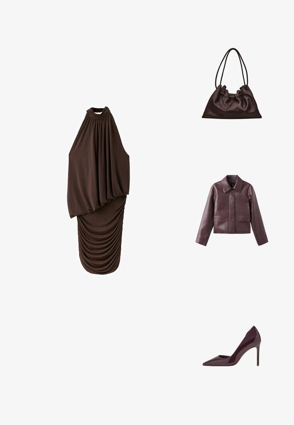 Bordeauxrode leren cropped jack met een puntige kraag, knoopsluiting aan de voorkant en twee vierkante zakken aan de onderkant aan de voorkant. Soepele textuur.; Mouwloze donkerbruine midi-jurk met hoge halslijn, losjes gedrapeerde top en geplooide aansluitende rok onderaan.; Bordeaux patentleren hoge hakpumps, ontwerp met spitse neus, slanke silhouet en stilettohak. Gladde textuur met glanzende afwerking.; Zachte donkerbruine leren handtas met een slungelige vorm en twee dunne schouderbandjes tegen een witte achtergrond.