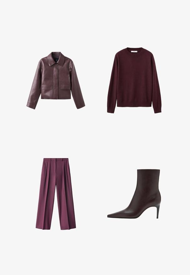Veste courte en cuir bordeaux avec un col pointu, une fermeture à boutons sur le devant et deux poches carrées sur le bas avant. Texture lisse.; Pull en maille bordeaux avec col rond, manches longues, poignets et ourlet côtelés. Texture lisse, design minimaliste, sans motifs ni ornements.; Pantalons larges violets foncés en tissu lisse, dotés de plis à l'avant et de poches latérales, conçus avec une coupe ajustée pour plus de confort.; Bottes en cuir marron à chevilles avec un bout pointu, tige élégante et un talon fin et haut. Texture lisse, design minimaliste, sans quincaillerie visible.