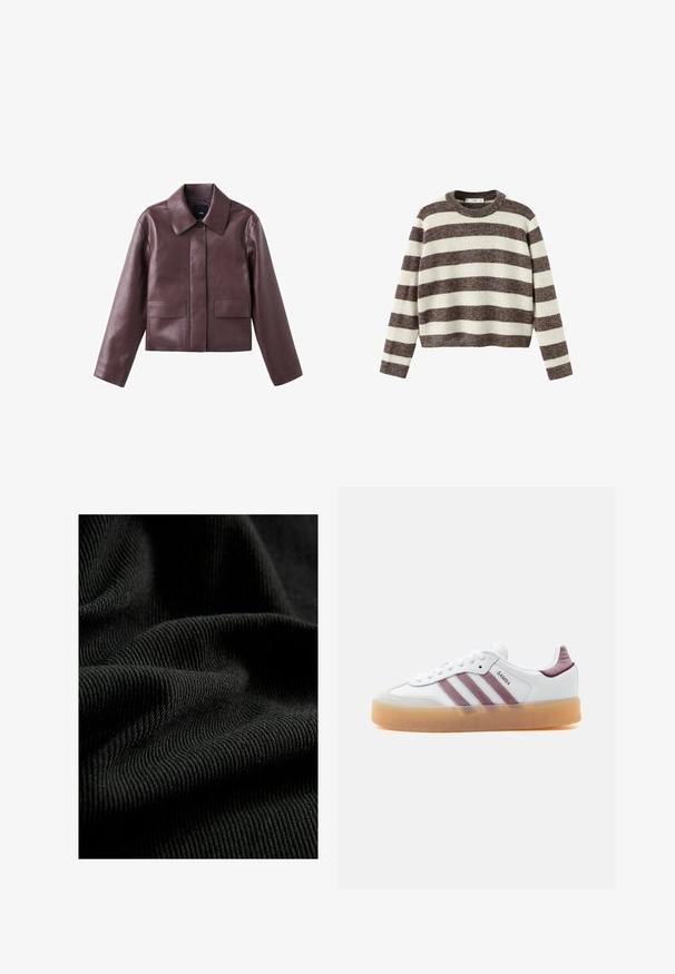Vinrød lædercropped jakke med spids krave, knaplukning foran og to firkantede lommer på den nederste front. Glat tekstur.; Stripet pullover sweater i creme og mørkebrun. Ribstrikket rund hals, lange ærmer og en kortet kant. Blød tekstur med en afslappet pasform.; Sorte ribbet stof med en struktureret overflade, der fremhæver subtile folder og kurver. Materialet ser let og fleksibelt ud.; Hvid lavsko med brun gummisål, lilla ruskindsstriber og hælaccents, mærket "SAMBA" på sidepanelet.