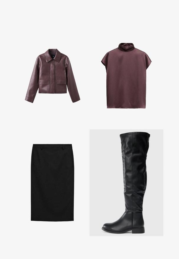 Bordeauxrode leren cropped jack met een puntige kraag, knoopsluiting aan de voorkant en twee vierkante zakken aan de onderkant aan de voorkant. Soepele textuur.; Mouwloze donker mauve satijnen blouse met een losse pasvorm en een hoge, licht geplooide coltrui.; Zwarte potloodrok tot op de knie met ceintuurlussen en zijzakken, aansluitende pasvorm en rechte zoom.; Zwarte kniehoge laarzen van glad leer, met een ronde neus, een lage blokhak en een iets slappe schacht met stikseldetails.