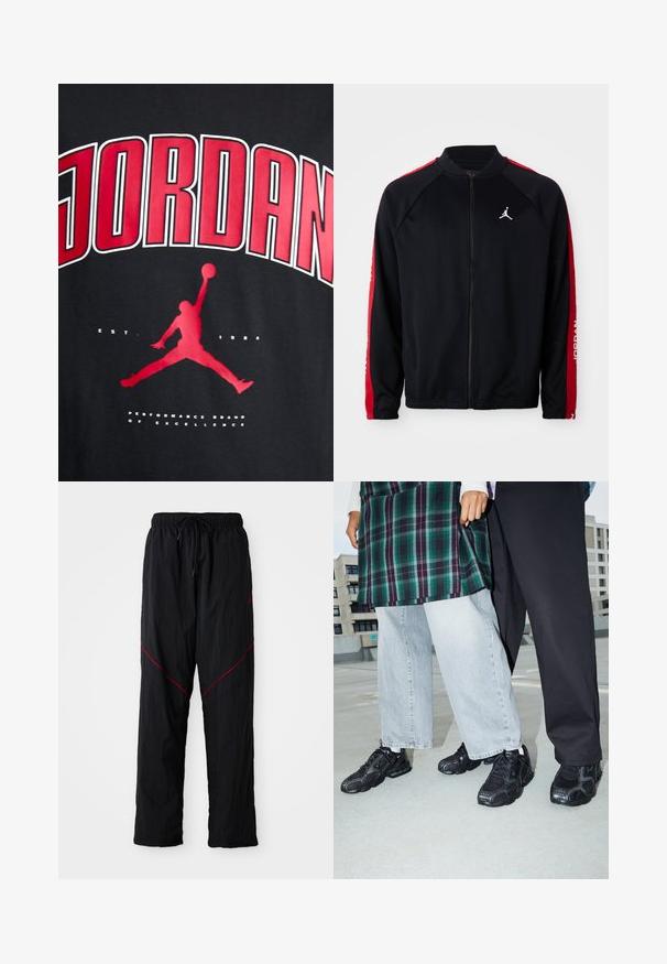 Chaqueta deportiva negra con cremallera y rayas rojas en las mangas, puños elásticos y logo Jumpman blanco en el pecho izquierdo.; Camiseta negra con el texto en rojo "JORDAN" en negrita, la silueta de una figura saltando y "EST. 1984" en blanco debajo del gráfico.; Pantalones deportivos negros con un acabado texturizado, con cintura ajustable con cordón, líneas de acento rojas y un corte holgado.; Zapatillas deportivas negras con acentos de malla y goma. Combinadas con jeans de pierna ancha de color gris claro y una blusa de cuadros verdes. Fondo de superficie plana.