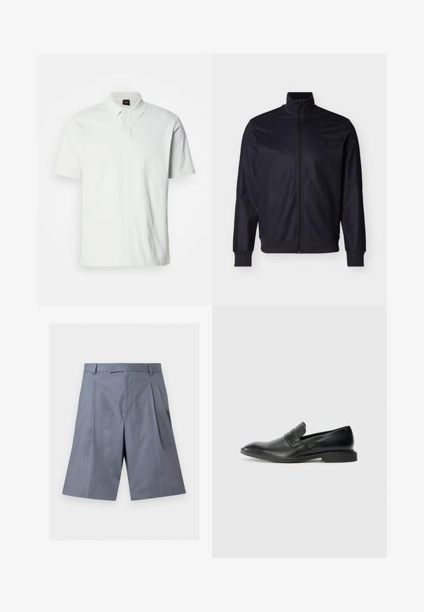 Námornícky modrá vetrovka na zips vyrobená z hladkej tkaniny, s vysokým golierom, rebrovanými manžetami a jemným logom na hrudi.; Biela polo tričko vyrobené z bavlny, s klasickým golierom, dvojitými gombíkmi a jemným logom značky vyšitým na prednej strane. Krátke rukávy.; Sivé šortky po kolená s pútkami na opasok, prednými záhybmi a skrytým zapínaním, zobrazené na bielom pozadí.; Čierne kožené loafers s hladkou textúrou, špicatou špičkou a nízkym obdĺžnikovým podpätkom. Obsahuje horizontálny pruh na hornej časti.