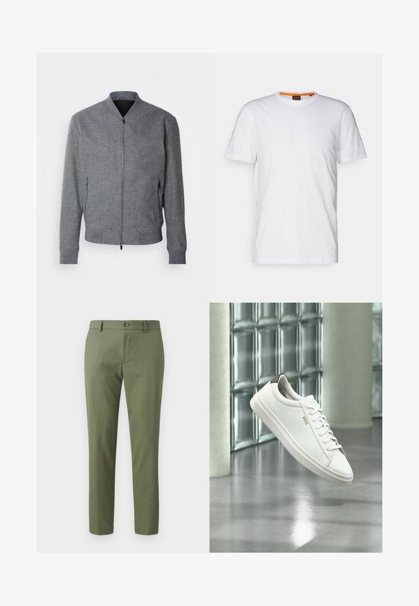 Grau Bomberjacke mit strukturiertem Schnitt, gerippten Bündchen und Saum, zwei seitlichen Reißverschluss-Taschen und glatter Oberfläche. Mit Stehkragen.; Weißes Baumwoll-T-Shirt mit Rundhalsausschnitt, kurzen Ärmeln und einem dezenten geprägten Logo auf der Brust. Das Innenschild hat einen orangefarbenen Akzent.; Grüne Hosen aus strukturiertem Stoff, mit schmalem Schnitt, geraden Beinen und einem Frontknopfverschluss. Geeignet für Freizeit- oder formelle Anlässe.; Weißer Leder-Low-Top-Sneaker mit Schnürsenkeln, schwarzer Fersenschlaufe und „BOSS“-Logo, der drinnen nahe einer Glassteinwand und einem polierten Boden schwebt.