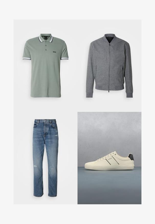 Grau Bomberjacke mit strukturiertem Schnitt, gerippten Bündchen und Saum, zwei seitlichen Reißverschluss-Taschen und glatter Oberfläche. Mit Stehkragen.; Hellgrünes Poloshirt mit klassischem Kragen, drei-Knopf-Leiste und gestreiften Akzenten an den Ärmeln. "BOSS"-Logo auf der Brust.; Hellblaue Denim-Jeans im Straight-Leg-Design, mit einem Knopf- und Reißverschluss, fünf Taschen und leicht abgetragenen Details im Kniebereich.; Cremfarbene Sneaker mit glatter Oberfläche, die schwarze Akzente und Markenlogo aufweisen. Klassisches Schnürdesign mit runder Zehenform und Gummisohle.