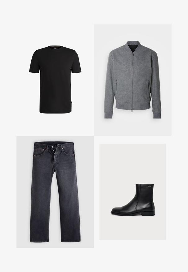 Grau Bomberjacke mit strukturiertem Schnitt, gerippten Bündchen und Saum, zwei seitlichen Reißverschluss-Taschen und glatter Oberfläche. Mit Stehkragen.; Schwarzes T-Shirt mit kurzen Ärmeln aus weicher Baumwolle und rundem Halsausschnitt. Verfügt über ein dezentes Markenlabel auf der linken Seite nahe dem Saum.; Schwarze Jeans aus Denim mit geradem Schnitt, Fünf-Taschen-Design und kupferfarbenen Knopfakzenten. Glatte Textur mit leicht verblasstem Finish.; Schwarzer, glatter Lederknöchelstiefel mit niedrigem Absatz und seitlichem Reißverschluss, mit Hugo nahe dem oberen Rand beschriftet.
