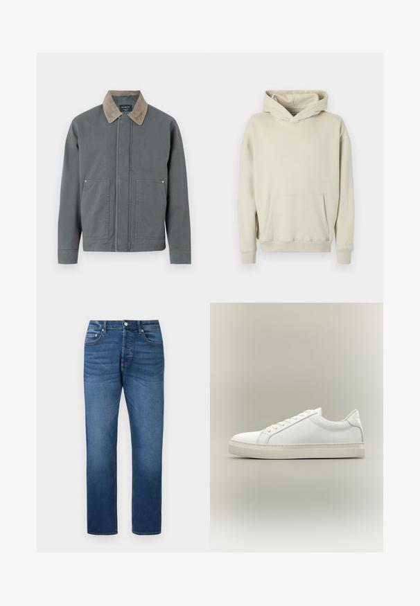 Veste en toile grise avec un col en velours côtelé, deux poches avant et une fermeture frontale simple. Présente une surface texturée et une coupe décontractée.; Sweat à capuche beige en tissu doux. Comprend une poche kangourou à l'avant et des poignets et ourlet côtelés. Design simple et décontracté.; Jean bleu droit avec bouton et fermeture éclair à l'avant, style cinq poches, et légère décoloration sur les cuisses et les genoux, présenté à plat sur fond blanc.; Baskets blanches basses à lacets sur l’avant et semelle épaisse, vues de côté sur un fond neutre.