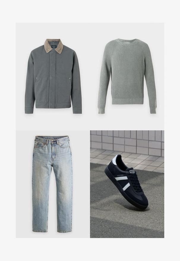 Veste en toile grise avec un col en velours côtelé, deux poches avant et une fermeture frontale simple. Présente une surface texturée et une coupe décontractée.; Pull côtelé vert clair avec manches longues, col rond et finition texturée. Présente des côtes horizontales et des poignets ajustés.; Jean en denim bleu clair à taille haute, avec bouton avant, fermeture éclair et design à cinq poches, posé à plat sur un fond neutre.; Sneaker en cuir noir avec des rayures blanches, semelle en caoutchouc texturée et devant à lacets. Présente une étiquette de marque sur la languette.