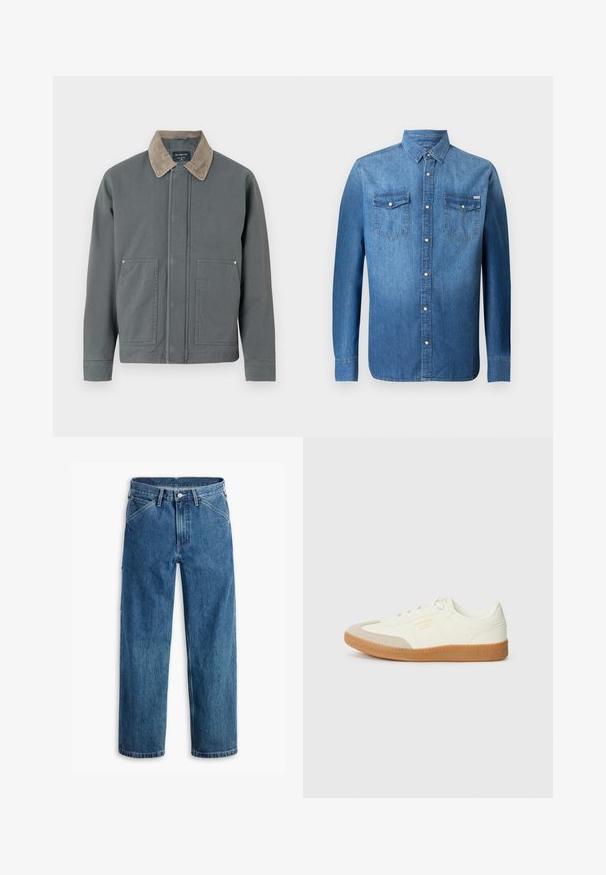 Graue Canvasjacke mit einem Cordkragen, zwei Fronttaschen und einem einfachen Verschluss. Hat eine strukturierte Oberfläche und einen lässigen Schnitt.; Denimhemd in Mittelblau, mit langen Ärmeln, Knopfleiste, zwei Brusttaschen und klassischem Kentkragen.; Blaue Jeans mit geradem Bein, Vordertaschen, Gürtelschlaufen, Metallknopf und Reißverschluss auf weißem Hintergrund.; Sneaker aus weißem Leder mit einer beigen Zehenkappe und leichter brauner Gummisohle. Verfügt über flache weiße Schnürsenkel und geprägtes Branding an der Seite.