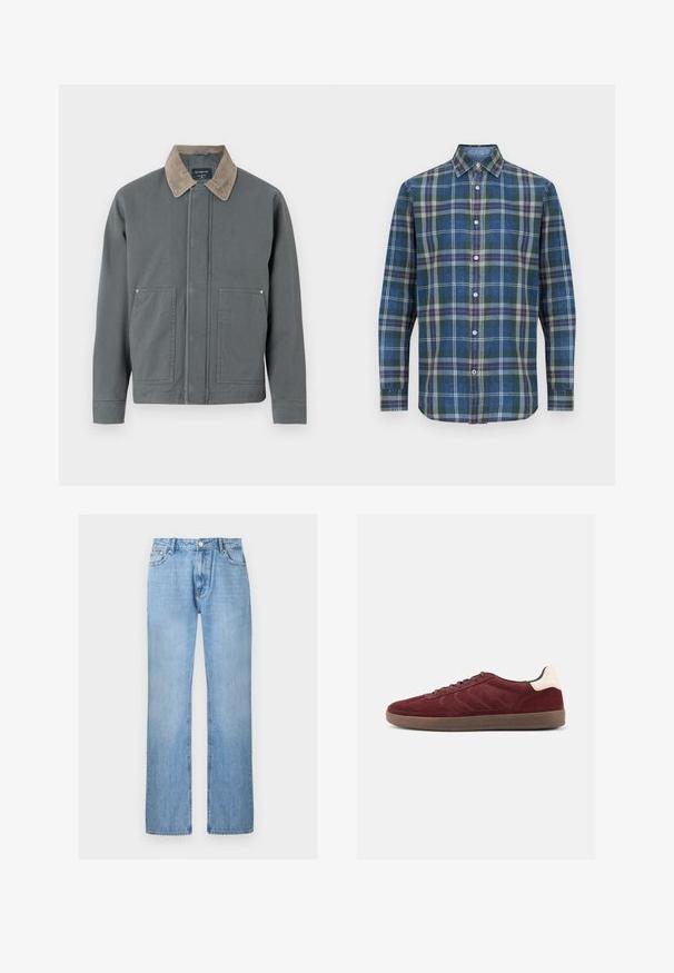 Veste en toile grise avec un col en velours côtelé, deux poches avant et une fermeture frontale simple. Présente une surface texturée et une coupe décontractée.; Chemise pour homme à manches longues, boutonnée, avec motif à carreaux verts, bleus, gris et orange, et col pointu.; Jean droit en denim bleu clair avec bouton à l'avant et poches, présenté sur un fond blanc uni.; Baskets en daim bordeaux avec fermeture à lacets, détails texturés sur les côtés et accent de talon clair. Semelle en gomme avec une finition lisse.