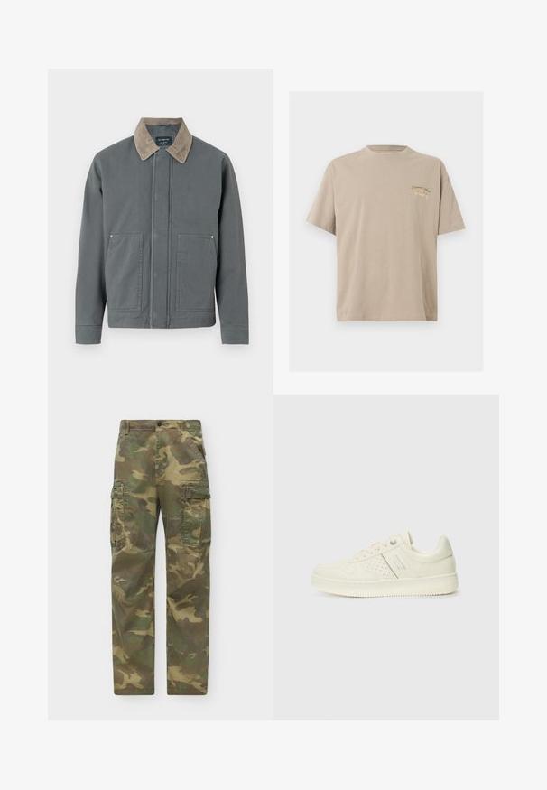 Veste en toile grise avec un col en velours côtelé, deux poches avant et une fermeture frontale simple. Présente une surface texturée et une coupe décontractée.; T-shirt beige à manches courtes en coton avec col rond et petit imprimé sur la poitrine indiquant "Originals Since 1990" en vert et beige.; Pantalon cargo droit pour homme avec motif camouflage vert et marron et fermeture à bouton à la taille.; Sneaker couleur crème avec des détails perforés, des lacets et un logo sur le côté, présenté sur un fond blanc uni.