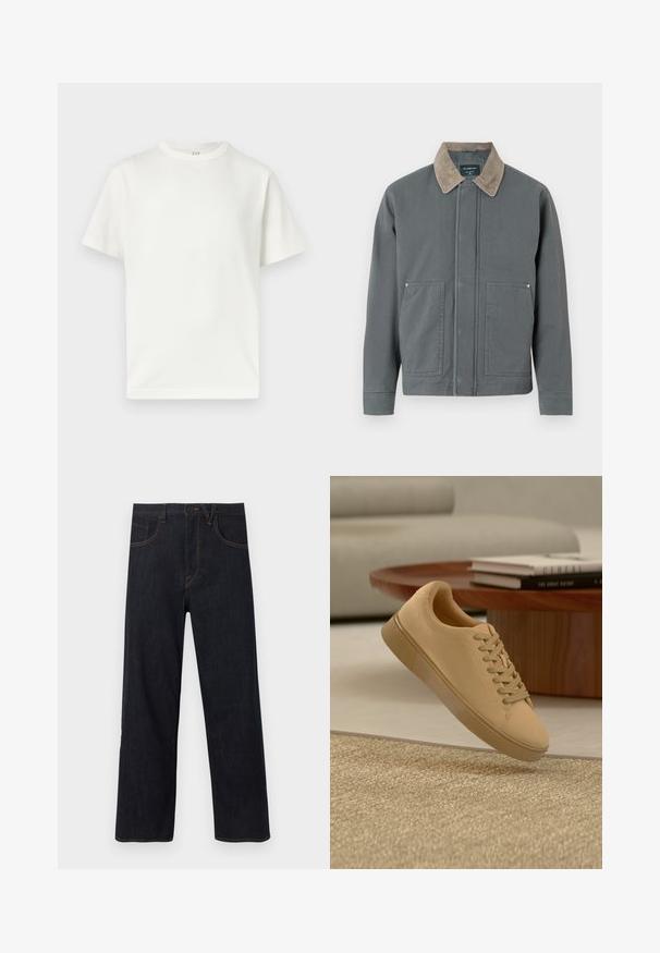 Veste en toile grise avec un col en velours côtelé, deux poches avant et une fermeture frontale simple. Présente une surface texturée et une coupe décontractée.; T-shirt blanc uni à manches courtes et col rond, présenté à plat sur un fond blanc avec une étiquette GAP visible à l'intérieur du col.; Jean droit bleu foncé avec bouton et fermeture éclair à l'avant, doté de poches et de surpiqûres contrastantes orange.; Baskets beiges à lacets flottant au-dessus d'un tapis texturé avec une table basse en bois et des livres empilés en arrière-plan flou.