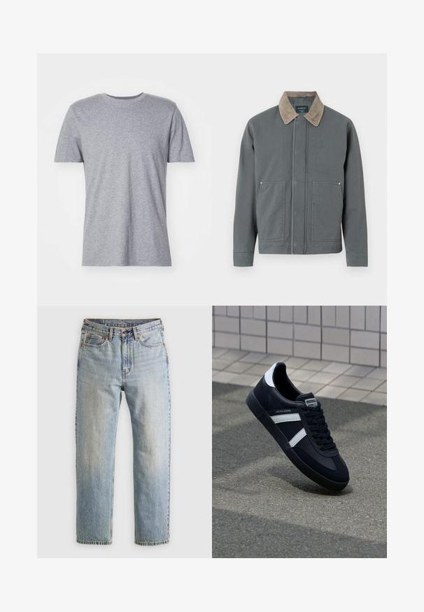 Grijze canvas jack met een corduroy kraag, twee voorzakken en een eenvoudige sluiting aan de voorkant. Heeft een gestructureerd oppervlak en een comfortabele pasvorm.; Grijze, korte mouwen t-shirt gemaakt van een katoenmix, met een klassieke ronde halslijn en een gladde, zachte textuur.; Lichtblauwe denim jeans met hoge taille, frontknop, rits en vijfzakkenontwerp, plat gelegd op een neutrale achtergrond.; Zwarte leren sneaker met witte strepen, een gestructureerde rubberen zool en vetersluiting aan de voorkant. Voorzien van een merklabel op de tong.