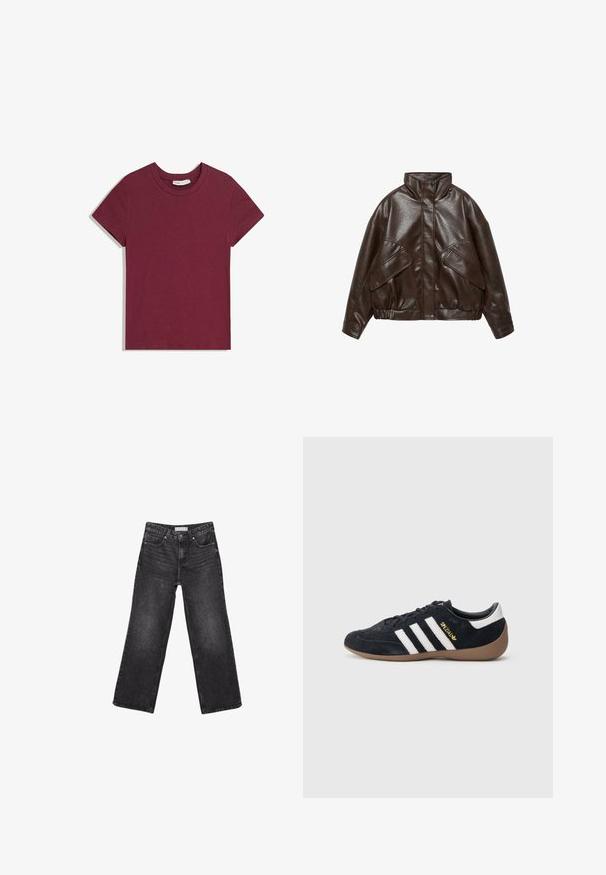 Veste en simili cuir marron foncé avec col haut, grandes poches à rabat, ourlet élastique et fermeture à boutons-pressions sur le devant.; T-shirt à manches courtes avec col rond, de couleur rouge foncé unie, étalé à plat sur un fond blanc.; Jean noir à jambes larges avec poches avant et arrière, fermeture par bouton et passants de ceinture, posé à plat sur fond blanc.; Baskets en daim noir avec trois bandes blanches, semelle en caoutchouc beige, et un petit logo doré sur le côté. Dotées d'une doublure intérieure noire lisse.