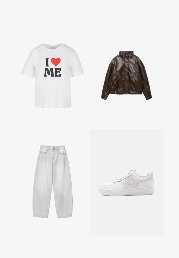 Mørkebrun imiteret læderjakke med høj krave, store klaplommer, elastisk kant og trykknaplukning foran.; Hvid bomulds t-shirt med korte ærmer, med fed sort tekst "I," et rødt hjerte, og "ME" i en uformel skrifttype.; Lysegrå vide jeans lavet af denim, med frontlommer, en knaplukning i taljen og en let falmet finish.; Hvid Nike Air Force 1 sneaker med lavt snit, hvide snørebånd, perforeringer på tåboksen og netpanel bag Nike swoosh-logoet.