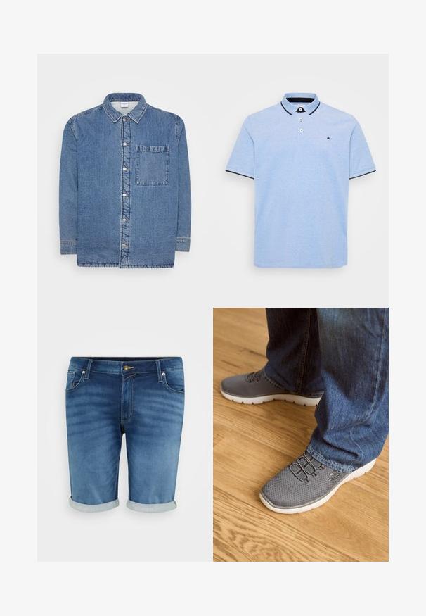 Denimskjorte, blå, med lange ærmer og knaplukning foran. Har en spidse krave og en enkelt brystlomme. Tekstil med struktur.; Lyseblå polo skjorte med en to-knaps placket, kontrasterende mørk krave og kantdetaljer. Blødt bomuldsstof med en tekstureret overflade.; Denim shorts i mellemblå med en let fading, der har knappelukning, fem lommer og opsmøgte kanter for et afslappet look.; Grå løbesko med mesh-overdel, hvid sål og elastiske snørebånd. Parret med blå denimjeans, på et trægulv.
