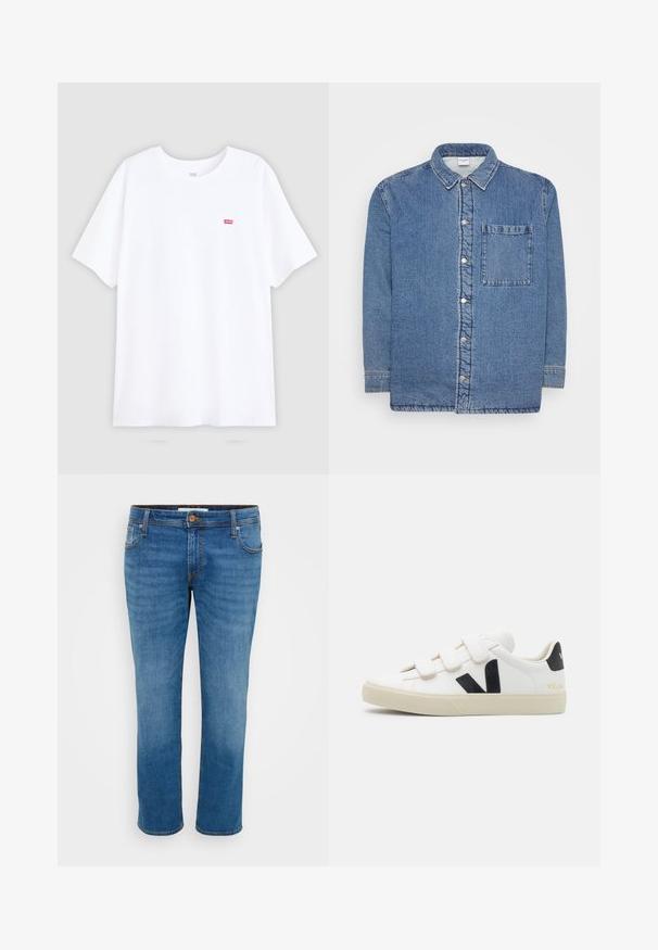 Denimhemd, blau, mit langen Ärmeln und Knopfleiste vorne. Verfügt über einen spitzen Kragen und eine einzelne Brusttasche. Strukturierter Stoff.; Weißes Baumwoll-T-Shirt mit kurzen Ärmeln und Rundhalsausschnitt. Verfügt über ein kleines rotes Levi's-Logo auf der linken Brust. Flaches Design, keine Muster.; Blaue Jeans aus Denim mit geradem Bein, fünf Taschen und Kontrastnähten. Verfügt über einen Knopfverschluss und Gürtelschlaufen entlang des Bundes.; Weißer Sneaker mit schwarzen Akzenten und Klettverschluss. Verfügt über ein strukturiertes Lederobermaterial, eine cremefarbene Gummisohle und ein Logo an der Ferse.