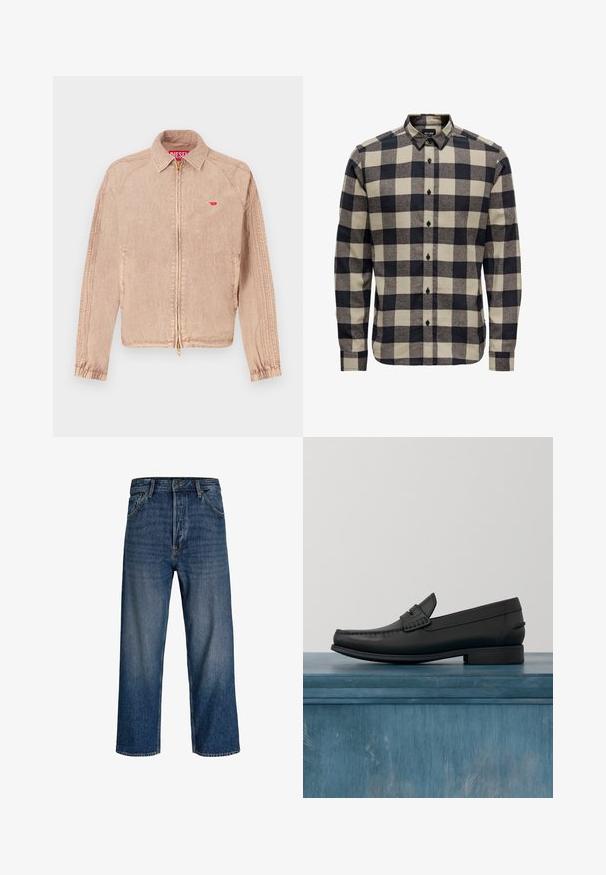 Lysebeige jakke med lynlåslukning, sidelommer og elastiske manchetter. Tekstureret stof med lille rødt logo på brystet.; Herres flannelskjorte i sort og creme, med et klassisk ternet mønster, knap-for-krave og lange ærmer med knapmanchetter.; Denim jeans med lige ben-design, mørkeblå farve og subtil udvaskning. Har fem lommer og lukke med knap.; Sorte læderloafers med rund tå, detaljeret syning og en lav, firkantet hæl. Glat tekstur og minimalistisk design.