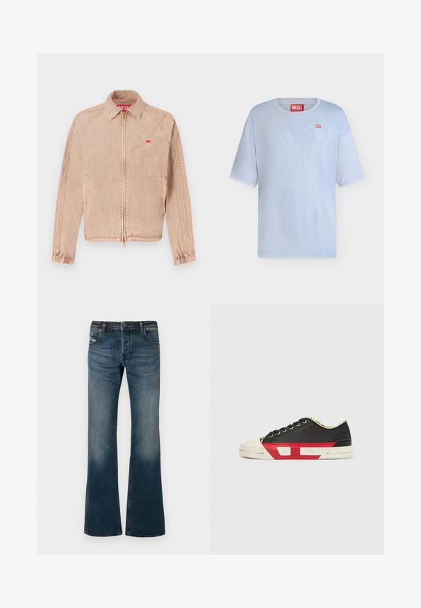 Lichtbeige jas met ritssluiting, zijzakken en elastische manchetten. Gestructureerde stof met een klein rood logo op de borst.; Lichtblauw Diesel T-shirt met korte mouwen en een rood-wit Diesel logo op borst en kraag, weergegeven op een effen witte achtergrond.; Verbleekte blauwe denim jeans met een uitlopende pijp, vijf zakken en een donkere tailleband. Heeft subtiele wassing bij de dijen.; Zwarte canvas sneaker met rode accenten, rubberen neuskap en witte zool. Voorzien van zwarte veters en een gestructureerd design aan de zijkant.