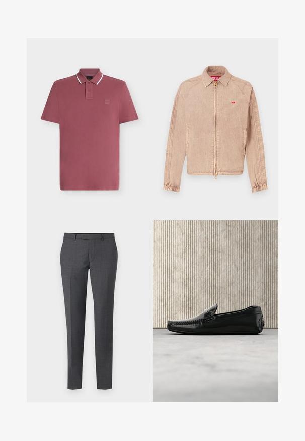 Veste beige clair avec fermeture éclair, poches latérales et poignets élastiques. Tissu texturé avec un petit logo rouge sur la poitrine.; Polo à manches courtes rose poudré avec bordure de col blanche, patte de boutonnage à deux boutons et petit logo carré sur la poitrine.; Pantalons ajustés gris avec une texture lisse, coupe droite, devant plat et passants de ceinture. Présente un motif à carreaux subtil et un pli sur le devant.; Mocassins en cuir noir avec une finition brillante, bout rond et quincaillerie décorative à l'avant. Semelle en caoutchouc à profil bas. Texture lisse.
