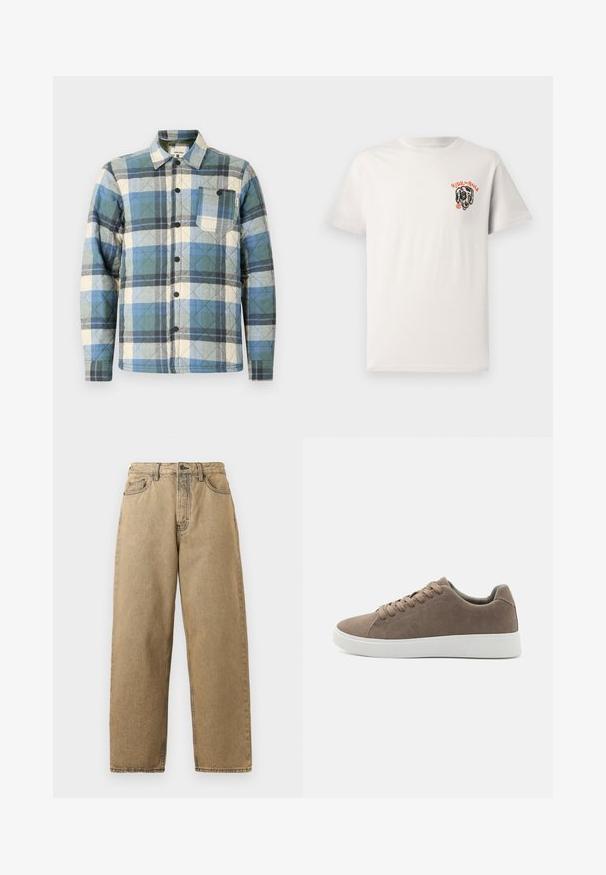 Gepolsterte Shirtjacke im blau, grün und beige karierten Muster. Mit Knopfverschluss und einer Brusttasche mit Etikettenakzenten.; Hellbeige Baumwoll-T-Shirt mit Rundhalsausschnitt, kurzen Ärmeln und einem schwarzen Hundemotiv mit dem Aufdruck "RIDE the RAILS" in orangefarbener Schrift.; Beige Denim-Jeans mit geradem Bein, ausgestattet mit einem Reißverschluss, Gürtelschlaufen und kontrastierenden Nähten. Keine auffälligen Muster oder Hardware-Details.; Braune Wildledersneaker mit flachen weißen Gummisohlen, Schnürdesign, abgerundete Zehen und einer glatten Textur. Minimalistischer Stil mit dezenten Nähdetails.