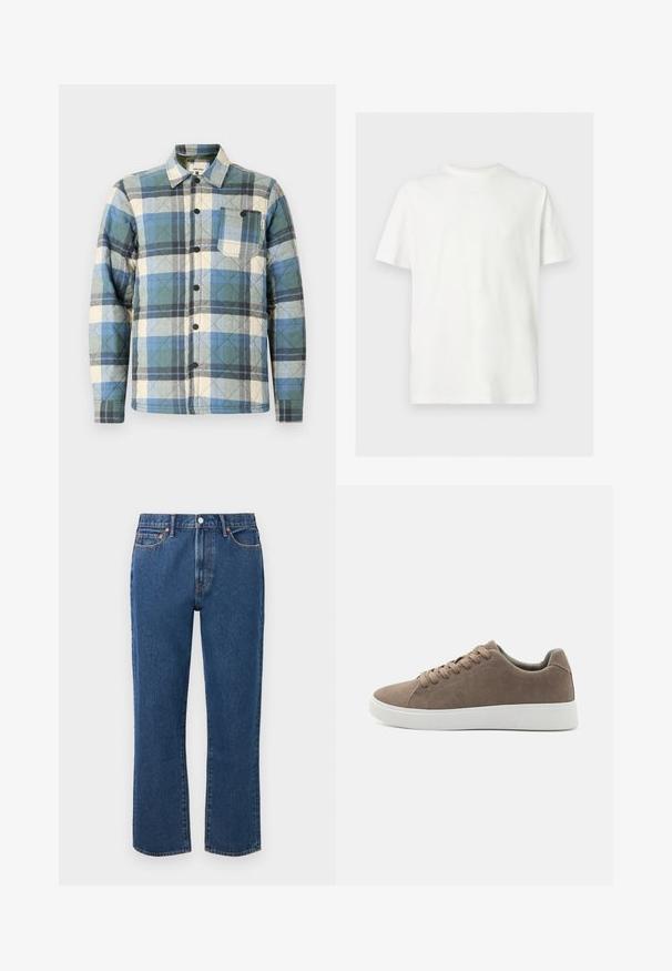 Gepolsterte Shirtjacke im blau, grün und beige karierten Muster. Mit Knopfverschluss und einer Brusttasche mit Etikettenakzenten.; Weißes T-Shirt mit kurzen Ärmeln und Rundhalsausschnitt in lockerer Passform auf hellem, einfarbigem Hintergrund.; Blaue gerade Jeans aus Denim mit einem Knopfverschluss, fünf Taschen und kontrastierenden orangen Nähte.; Braune Wildledersneaker mit flachen weißen Gummisohlen, Schnürdesign, abgerundete Zehen und einer glatten Textur. Minimalistischer Stil mit dezenten Nähdetails.