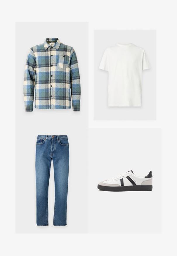 Gequilted shirtjack in blauw, groen en beige ruitpatroon. Voorzien van een knoopsluiting en een borstzak met labelaccenten.; Wit T-shirt met korte mouwen en ronde hals in een losse pasvorm op een effen lichte achtergrond.; Lichtblauwe denim jeans met een rechte pijpdesign, vijf zakken, een knoopsluiting en subtiele vervaging aan de voorkant.; Witte sneaker met zwarte en grijze accenten, voorzien van een grijze neus met textuur, zwarte rubberen zool en platte witte veters. Schoon ontwerp, minimalistische stijl.