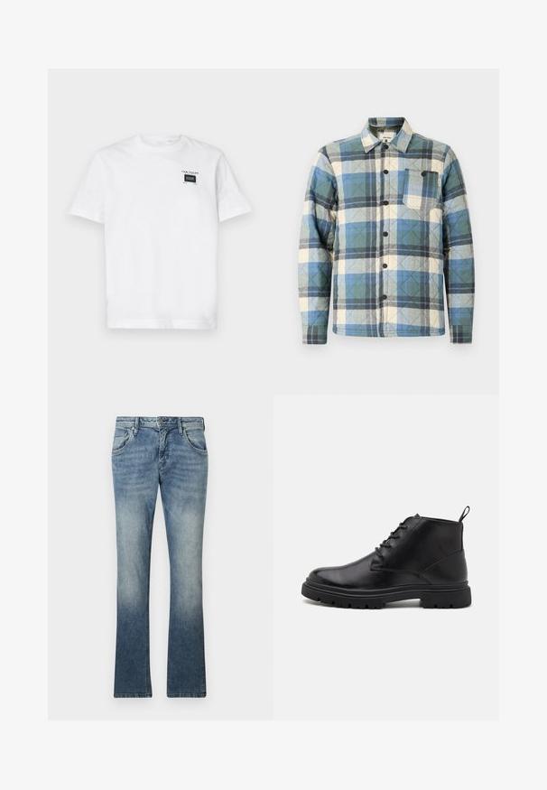 Veste chemise matelassée avec un motif à carreaux bleu, vert et beige. Elle est dotée d'une fermeture à boutons et d'une poche poitrine avec des accents d'étiquette.; T-shirt en coton blanc avec un col rond et des manches courtes. L'avant comporte une petite étiquette noire avec du texte et un design rectangulaire.; Jeans en denim bleu clair évasés avec un dégradé, design à cinq poches, fermeture à bouton métallique et coutures visibles le long des coutures.; Bottines noires en cuir avec un laçage à l'avant, semelle texturée et une languette. Bout arrondi et semelle extérieure en caoutchouc robuste avec amélioration de traction.