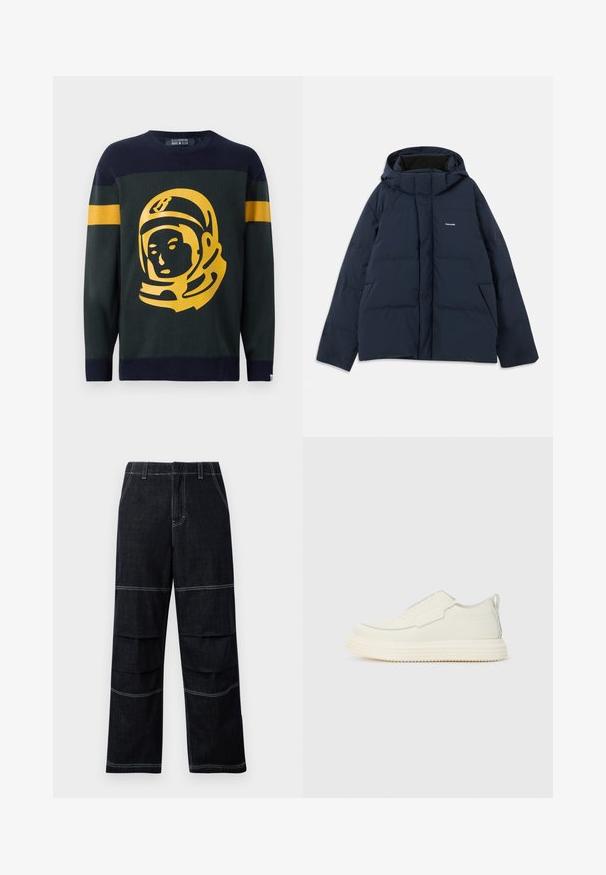 Marineblå, polstret jakke med hætte, der har en frontlynlås, to sidelommer og et lille logo på brystet. Glat, vandafvisende stof.; Strikket sweater i mørkegrøn og marineblå. Har en iøjnefaldende gul astronautgrafik på fronten, med stribede detaljer på ærmerne.; Mørke denim vide bukser med høj talje, der har kontrasterende syninger og lagdelte lommer hen over lårerne.; Slip-on sneaker i off-white tekstureret materiale med en tyk, rillet sål. Har minimale sømme og et subtilt lysblåt accent.