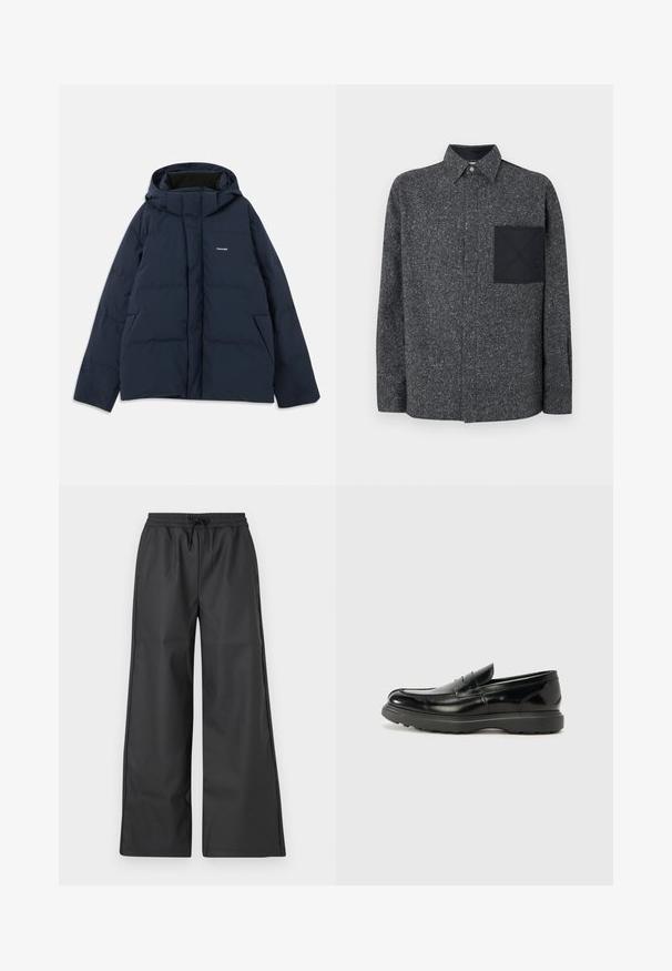Marineblauwe gevoerde jas met een capuchon, voorzien van een rits aan de voorkant, twee zijzakken en een klein logo op de borst. Glad, waterafstotend materiaal.; Iceberg Overhemd - fantasia mix di grigi; Han Kjøbenhavn RELAXED TRACK TROUSERS - Broek - black; Zwarte leren instapper met een glanzende afwerking, een ronde neus, subtiele stiksels en een dikke rubberen zool voor duurzaamheid.
