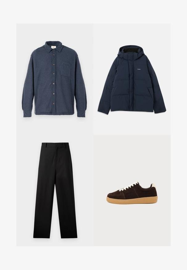 Veste matelassée bleu marine avec capuche, dotée d'une fermeture éclair à l'avant, de deux poches latérales et d'un petit logo sur la poitrine. Tissu lisse et résistant à l'eau.; Chemise en molleton bleu marine avec une surface texturée, boutonnée à l'avant, avec col et poche poitrine. Comprend des boutons marron et des manches longues.; Pantalons noirs en coton avec une coupe droite, dotés d'une fermeture à bouton à l'avant et de poches latérales. Texture lisse, sans motifs.; Baskets en daim marron foncé avec lacets blancs, languette beige au talon et semelle en caoutchouc marron clair vues de côté sur un fond uni.