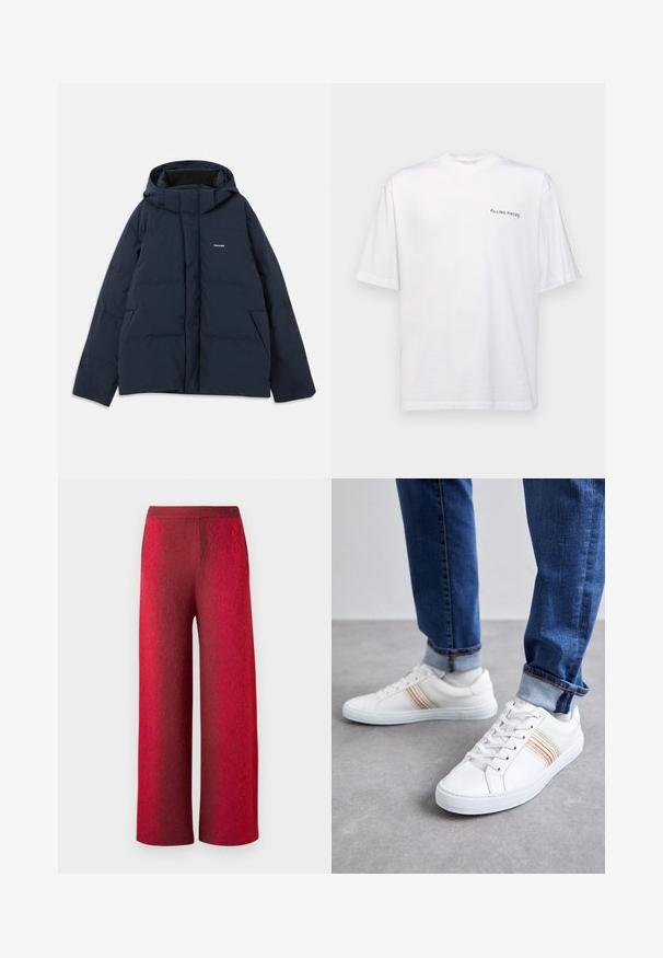 Veste matelassée bleu marine avec capuche, dotée d'une fermeture éclair à l'avant, de deux poches latérales et d'un petit logo sur la poitrine. Tissu lisse et résistant à l'eau.; T-shirt blanc à manches courtes en coton avec un col en V, présentant un logo noir "FILLING PIECES" imprimé sur le côté gauche.; Pantalons larges rouges en tissu texturé avec une taille haute. Comprend des poches latérales et une finition lisse, mettant en valeur un effet dégradé.; Baskets en cuir blanc avec des rayures multicolores, design à lacets, semelle en caoutchouc et col rembourré, associées à un jean en denim bleu.