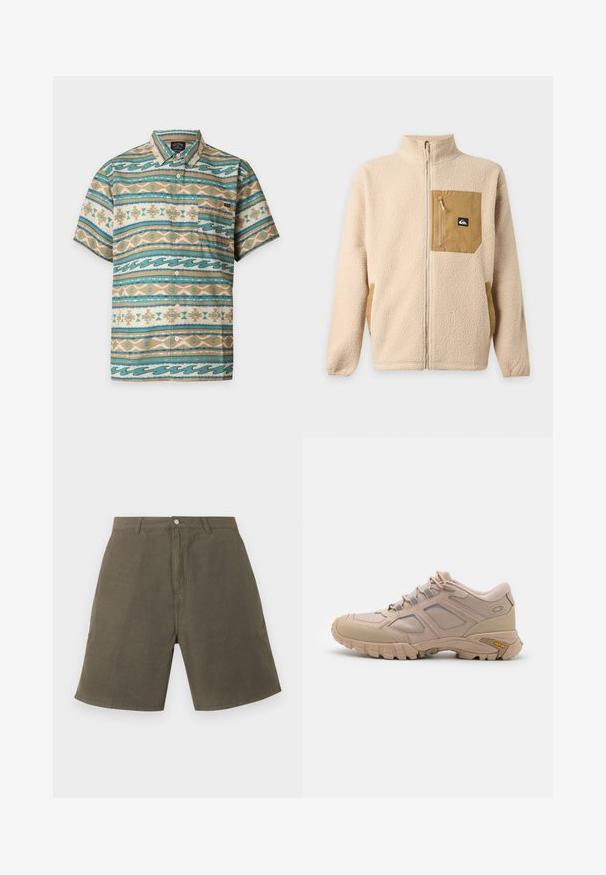 Veste polaire beige à fermeture éclair intégrale avec col montant et poche poitrine zippée couleur beige, ornée d'un petit patch logo noir et blanc.; Chemise à manches courtes boutonnée avec des rayures horizontales turquoise, beige et blanches présentant des motifs géométriques et ondulés et une poche poitrine gauche.; Shorts longueur genou vert olive avec passants de ceinture, bouton frontal et fermeture éclair, en tissu robuste.; Baskets de sport beiges avec une tige en maille texturée, revêtement synthétique et semelle extérieure Vibram. Comprend un système de laçage et des détails sur les panneaux latéraux.