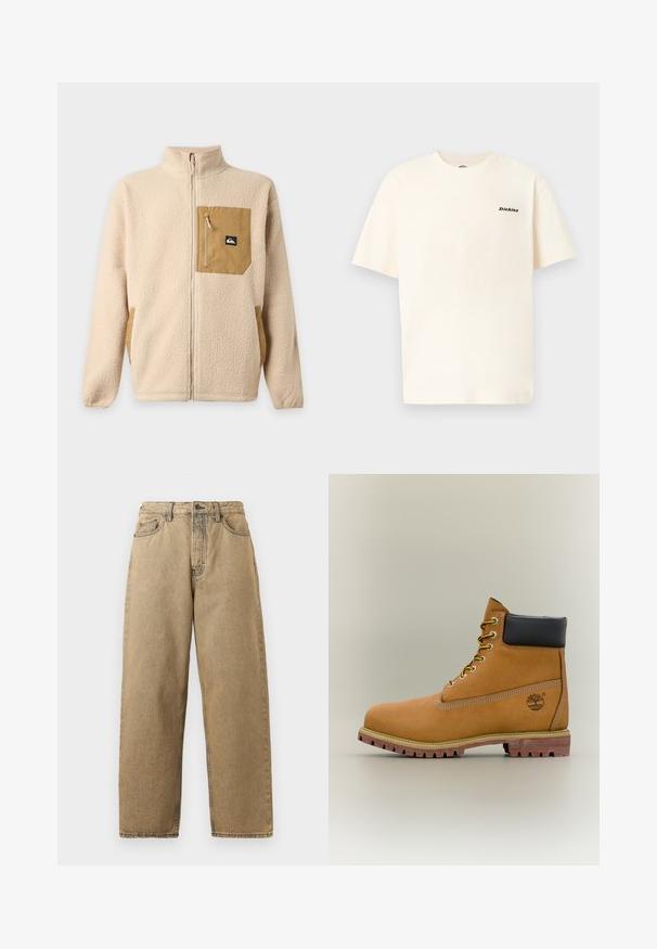 Beige Fleecejacke mit durchgehendem Reißverschluss, hohem Kragen und brauner Reißverschlusstasche auf der Brust mit einem kleinen schwarz-weißen Logo-Patch.; Cremefarbenes Baumwoll-T-Shirt mit kurzen Ärmeln, versehen mit einem kleinen schwarzen "Dickies"-Logo auf der linken Brustseite. Einfacher, lockerer Schnitt.; Beige Denim-Jeans mit geradem Bein, ausgestattet mit einem Reißverschluss, Gürtelschlaufen und kontrastierenden Nähten. Keine auffälligen Muster oder Hardware-Details.; Brauner Leder-Stiefelette mit schwarzem Kragen, gelben Schnürsenkeln und hellbrauner Sohle. Verfügt über ein Logo und weiße Ziernähe. Robuste Profilsohle.