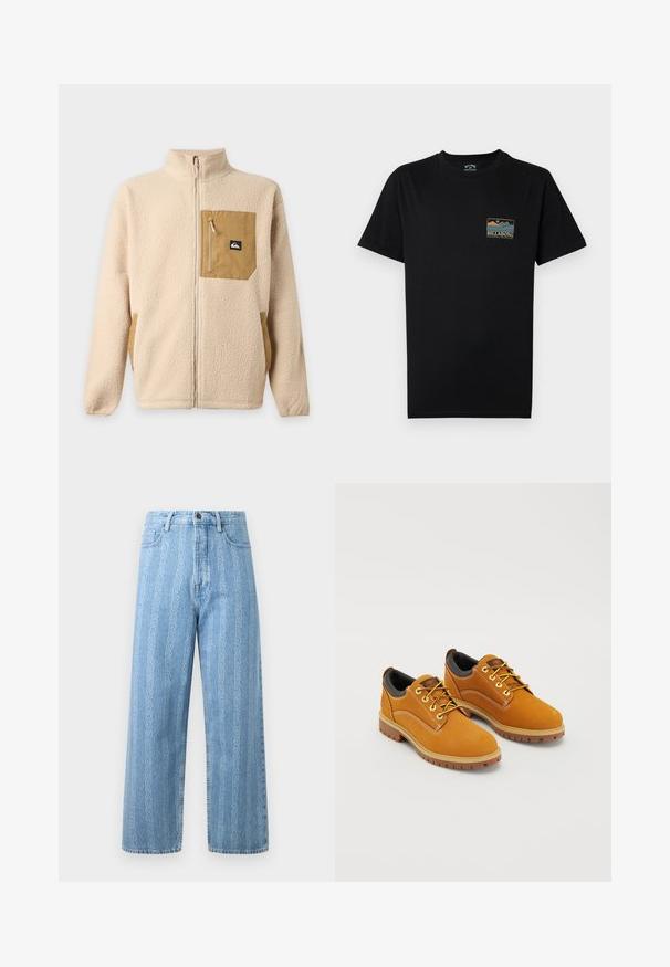 Veste polaire beige à fermeture éclair intégrale avec col montant et poche poitrine zippée couleur beige, ornée d'un petit patch logo noir et blanc.; T-shirt noir à manches courtes avec un petit graphique multicolore de montagne et d'océan, ainsi que le texte « BILLABONG Adventure division » sur le côté gauche de la poitrine.; Jean en denim bleu clair avec une coupe large, arborant un motif chaîne répétitif. Style classique à cinq poches avec détails en métal sur le bouton.; Chaussures en daim marron avec un bout rond, des lacets jaunes, un col rembourré noir et des semelles en caoutchouc avec des rainures de traction.