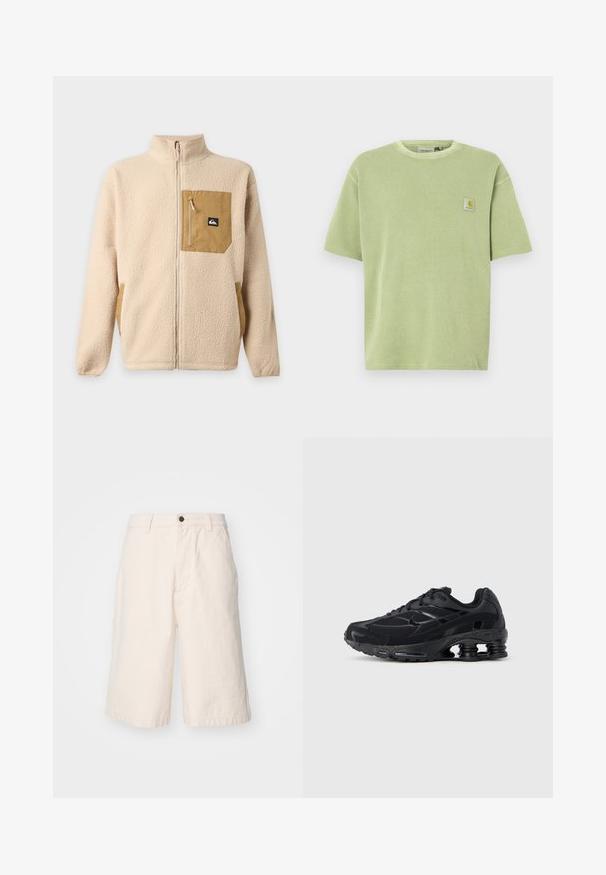 Veste polaire beige à fermeture éclair intégrale avec col montant et poche poitrine zippée couleur beige, ornée d'un petit patch logo noir et blanc.; T-shirt vert clair à manches courtes avec une texture côtelée et un patch logo sur la poitrine. Coupe décontractée et encolure ronde.; Shorts en coton beige clair avec une coupe droite, doté d'une fermeture à bouton, de poches latérales et d'un ourlet qui tombe juste au-dessus du genou.; Chaussure de sport noire avec une tige en mesh, un col rembourré et une technologie d'amorti proéminente au talon. Caractérisée par des accents texturés et des lacets.