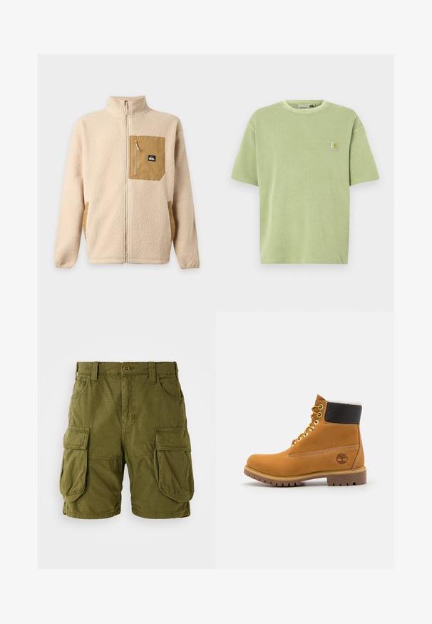 Beige fleecejack met volledige rits, hoge kraag en bruine ritssluiting op de borst met een klein zwart-wit logo.; Lichtgroen T-shirt met korte mouwen, een geribbelde textuur en een logopatch op de borst. Losvallende pasvorm en een ronde hals.; Olijfgroene cargo shorts van katoenmix. Voorzien van twee grote zijzakken en een knoopsluiting met riemlussen. Glad textuur.; Bruine leren enkellaars met metalen oogjes, witte faux bont voering, zwarte gewatteerde kraag, robuuste zool en een reliëflogo aan de zijkant.