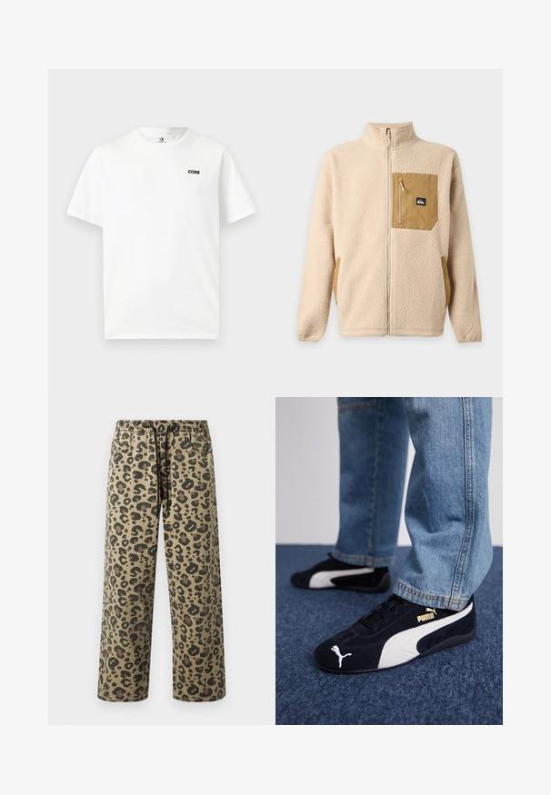 Veste polaire beige à fermeture éclair intégrale avec col montant et poche poitrine zippée couleur beige, ornée d'un petit patch logo noir et blanc.; T-shirt blanc à manches courtes et col rond avec petit logo noir "CONS" sur le côté gauche de la poitrine.; Pantalon imprimé léopard en couleurs beige et marron, avec taille élastique à cordon, poches latérales et coupe décontractée.; Baskets en daim noir avec accents blancs, arborant un logo doré. Portées avec un jean en denim bleu clair et posées sur une surface bleue texturée.