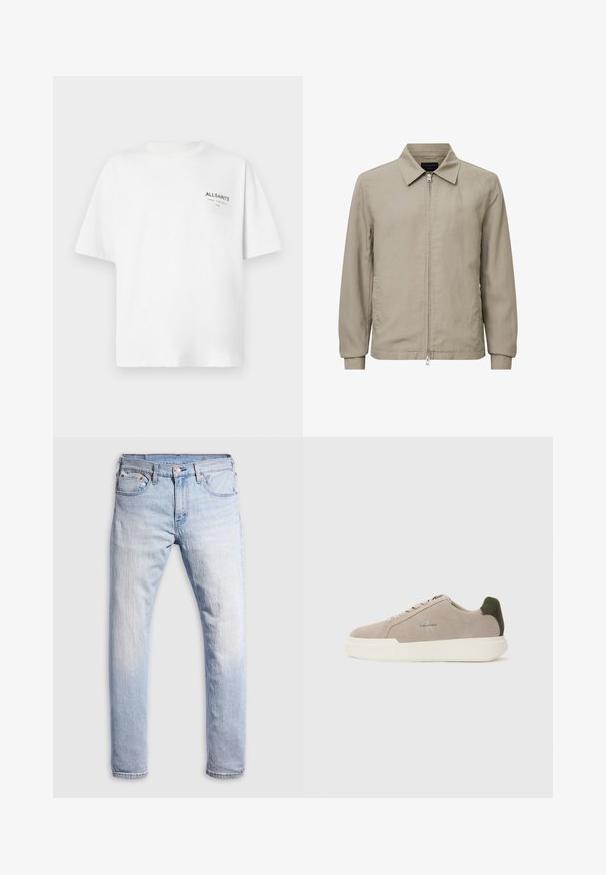 Beige zip-up jakke med kravehals, lange ærmer og en glat tekstur; har en frontlynlås og minimale designelementer.; Hvid kortærmet bomulds T-shirt med lille sort "ALLSAINTS" tekst og japanske tegn trykt på venstre bryst.; Lys blå denim jeans med lige pasform, fem lommer og knaplukning. Stoffet har en falmet tekstur med lette farvevariationer.; Beige ruskinds sneakers med en hvid gummisål, der har en mørkegrøn hælaccent og subtil branding på siden.