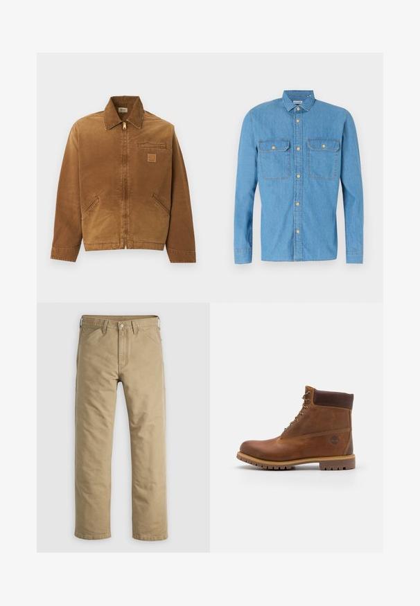 Bruine werkjas met ritssluiting en kraag, twee zijzakken, borstzak met rits en klein merklogo op de borst.; Lichtblauw denim overhemd met lange mouwen, knoopsluiting aan de voorkant, twee borstzakken, puntige kraag en gouden knopen. Gladde textuur, casual ontwerp.; Kaki katoenen broek met een rechte pijp, voorzakken en een knoopsluiting. Glad textuur en verstevigde naden voor duurzaamheid.; Bruine leren wandelschoen met een gladde afwerking, gevoerde enkel, metalen oogjes en een rubberen zool met een robuust profiel.