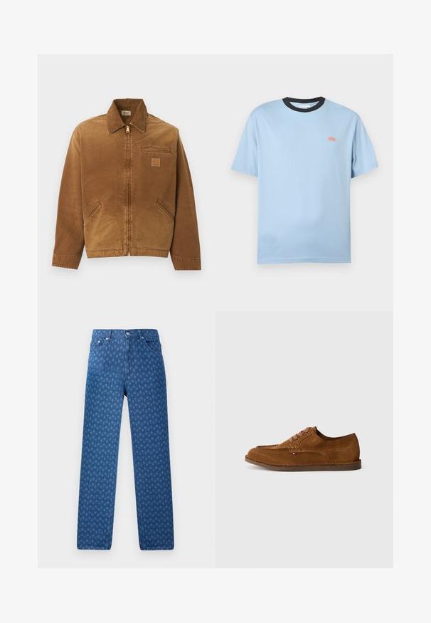 Bruine werkjas met ritssluiting en kraag, twee zijzakken, borstzak met rits en klein merklogo op de borst.; Lichtblauw T-shirt met korte mouwen en een zwarte kraag, met een klein oranje krokodillenlogo op de linkerborst, tegen een witte achtergrond.; Blauwe spijkerbroek met een herhalend textuurpatroon, vijf zakken en een knoopsluiting in de tailleband. Rechte pijp.; Bruine suède schoen met een afgeronde neus, decoratieve stiksels en zes contrasterende veterogen. Platte zool en een minimalistisch ontwerp.