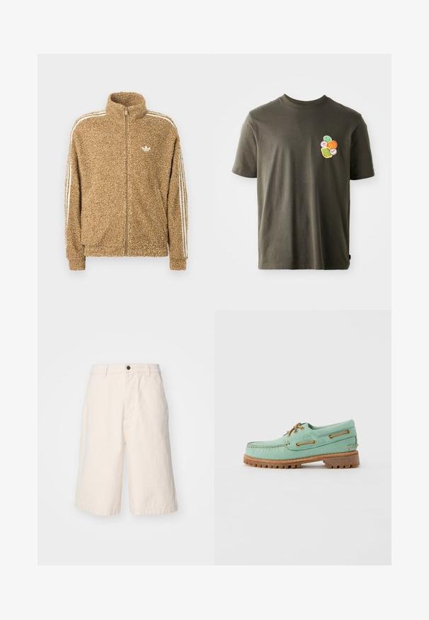 Brun, fuzzy fleecejakke med høj krave, fuld lynlås og hvide sidelister. Har et lille hvidt logo på brystet.; Mørkeolivengrøn bomulds t-shirt med rund hals. Har et farverigt trykt design af cirkulære former på venstre brystområde.; Lys beige bomuldsshorts med lige pasform, der har en knaplukning, sidelommer og en kant, der falder lige over knæet.; Lysegrøn læder bådsko med brune snørebånd og øjer, med en tyk tekstureret gummisål og syningsdetaljer langs kanterne.